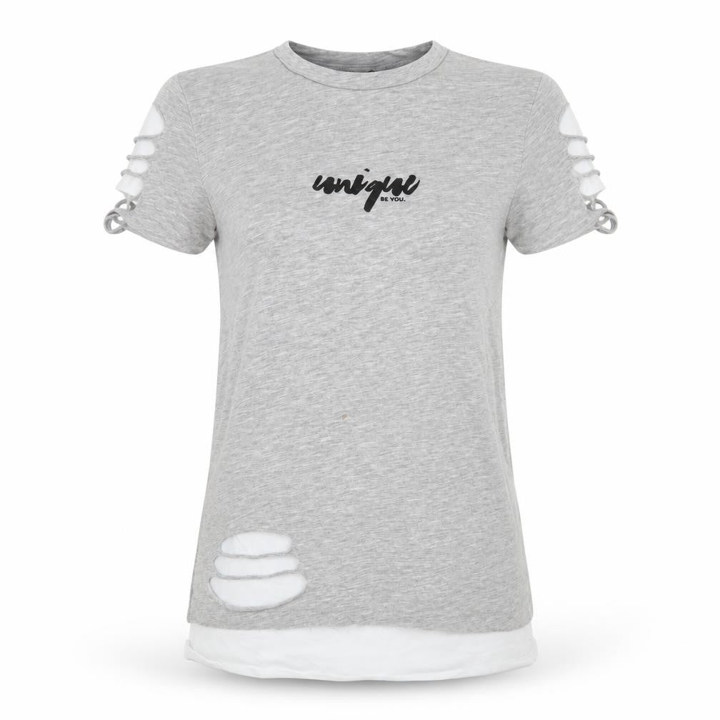 Unique Be You Womens Grey Distressed Short Sleeve T-Shirt 2XS