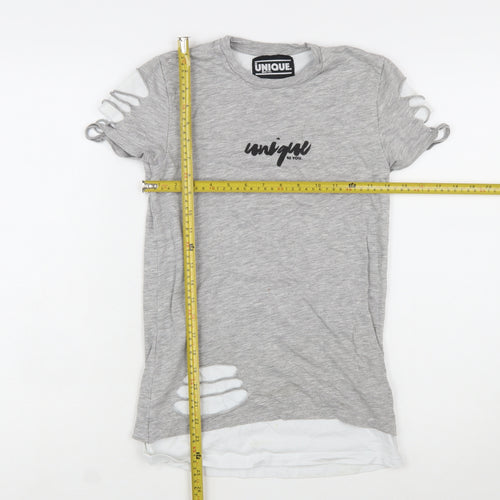 Unique Be You Womens Grey Distressed Short Sleeve T-Shirt 2XS