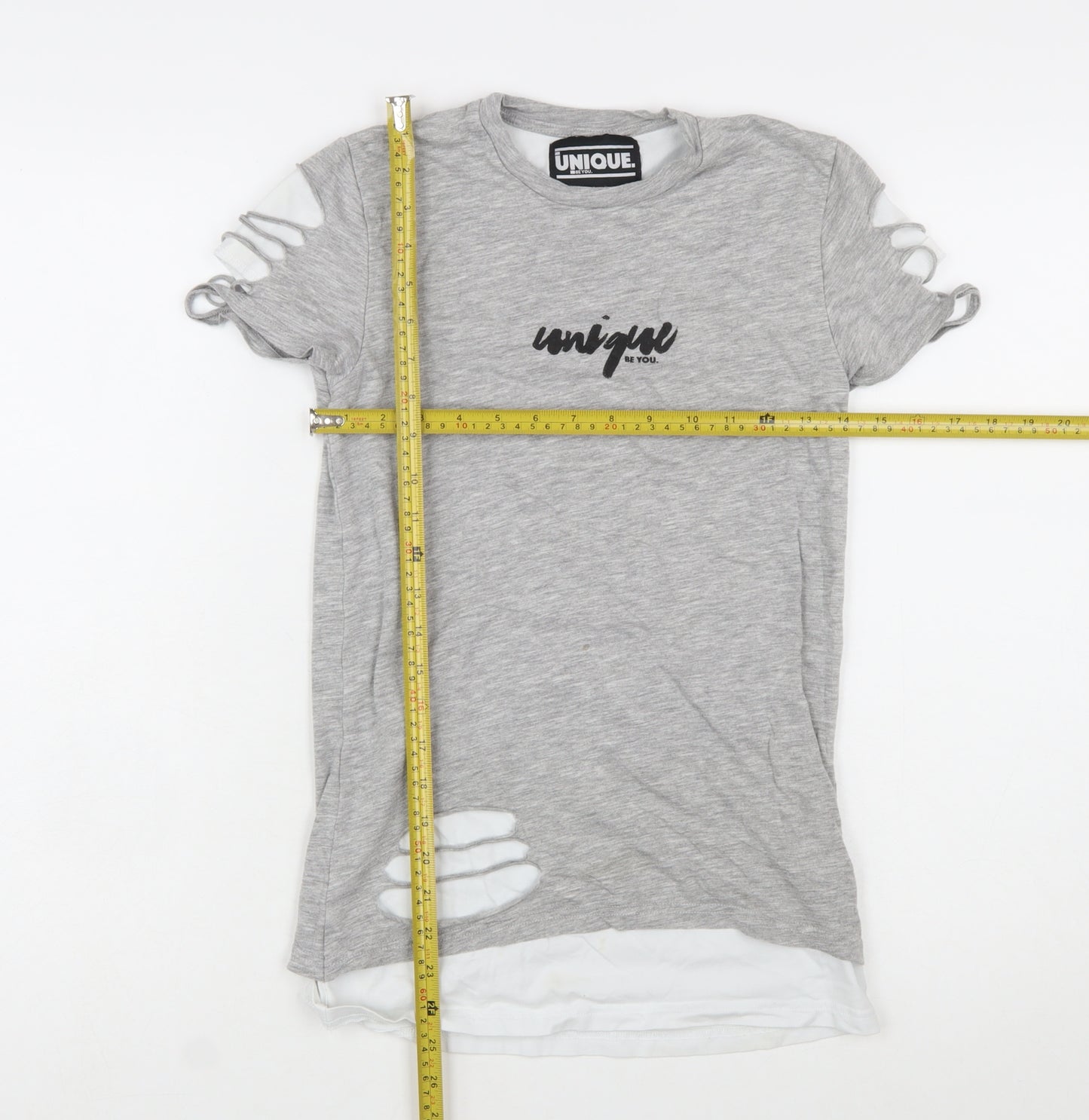 Unique Be You Womens Grey Distressed Short Sleeve T-Shirt 2XS