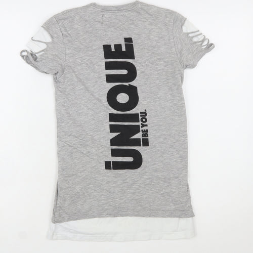 Unique Be You Womens Grey Distressed Short Sleeve T-Shirt 2XS