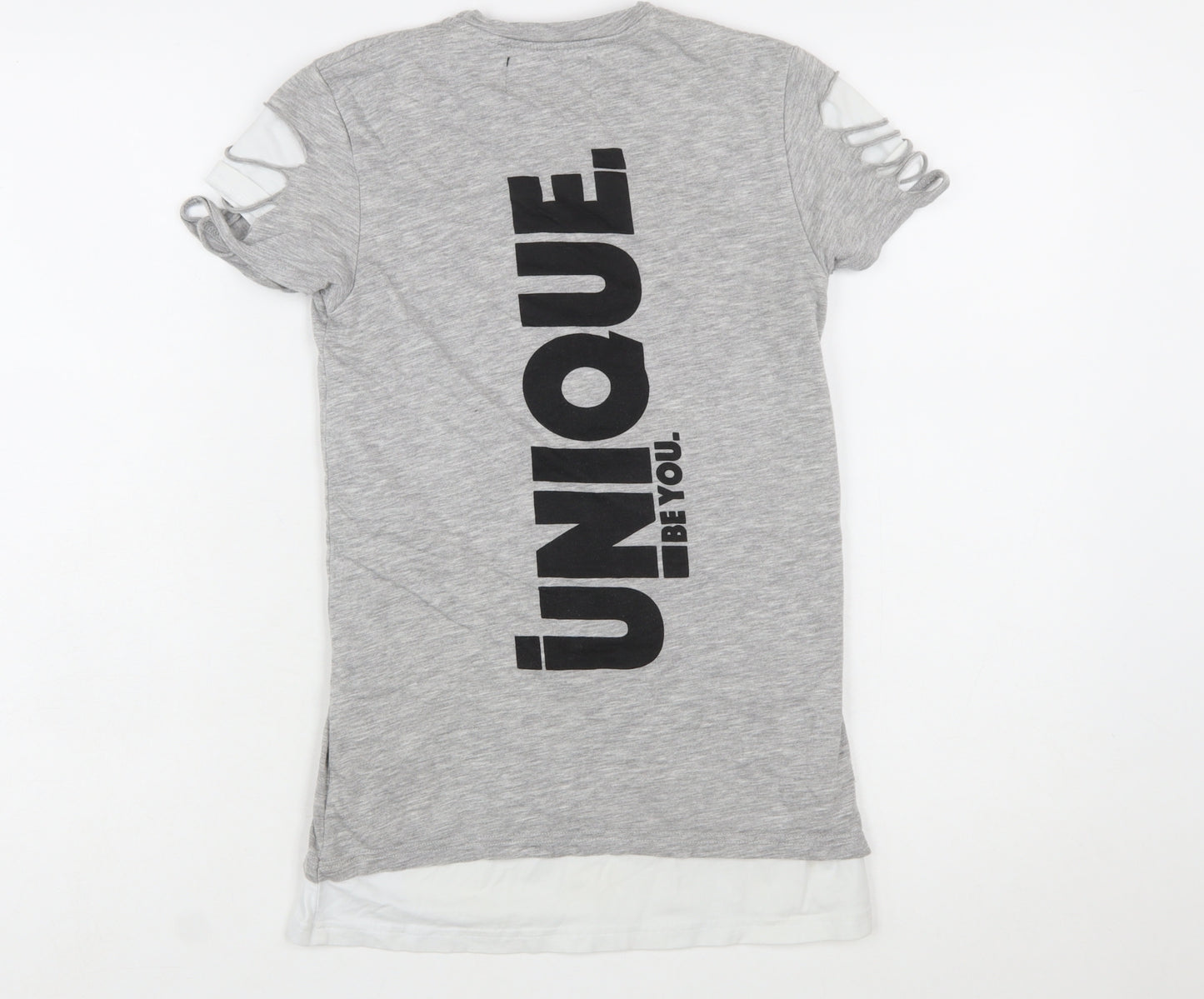 Unique Be You Womens Grey Distressed Short Sleeve T-Shirt 2XS