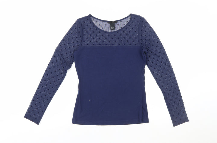 H&M Women's Blue Mesh Polka Dot Long Sleeve Jersey Top Size S