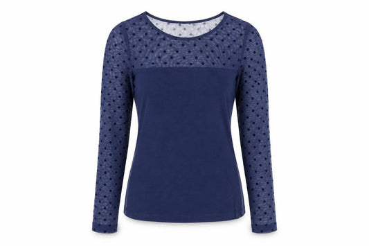 Front view of H&M Women's Blue Mesh Polka Dot Long Sleeve Jersey Top, size S
