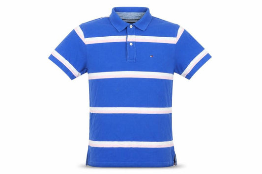 Front view of Tommy Hilfiger Men's Blue Striped Cotton Polo Shirt, size M