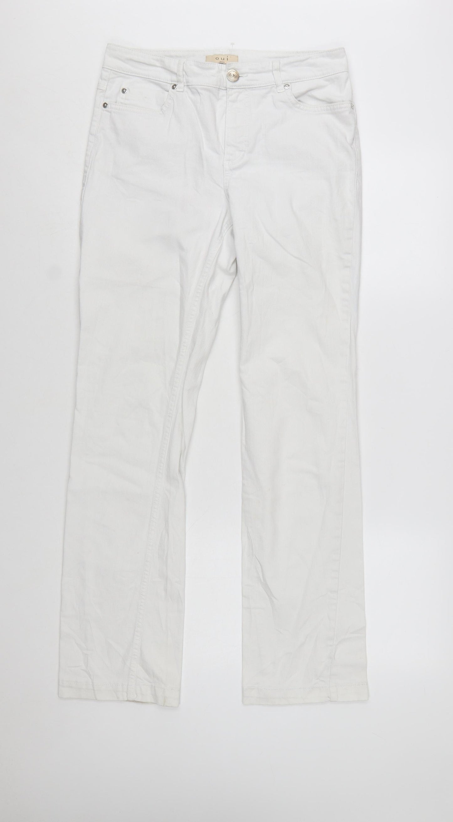 Oui Women White Straight Denim Jeans Size 14 Stretch Cotton