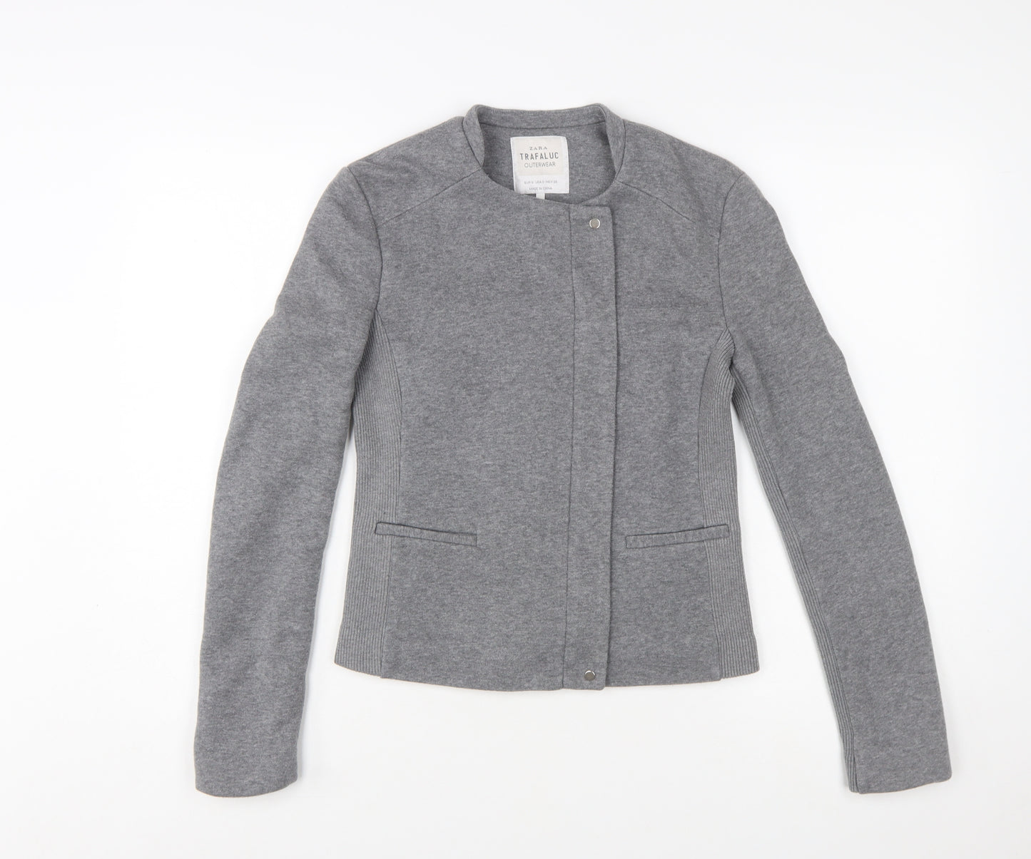 Zara Women Grey Slim Fit Collarless Lined Jacket Size S
