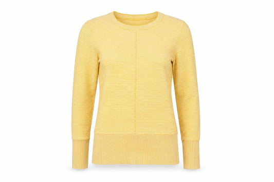 Front view of Warehouse Women’s Yellow Striped Crew Neck Long Sleeve jumper, size UK 10