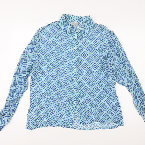 New Look Women Blue Geometric Long Sleeve Button-Up Shirt Size 16