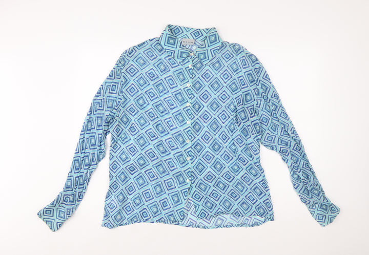 New Look Women Blue Geometric Long Sleeve Button-Up Shirt Size 16