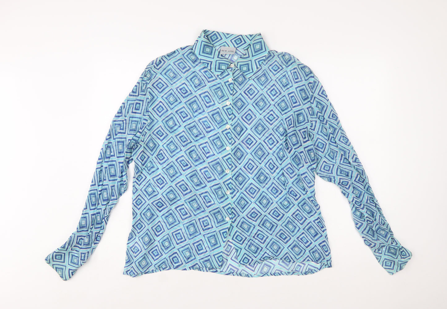 New Look Women Blue Geometric Long Sleeve Button-Up Shirt Size 16