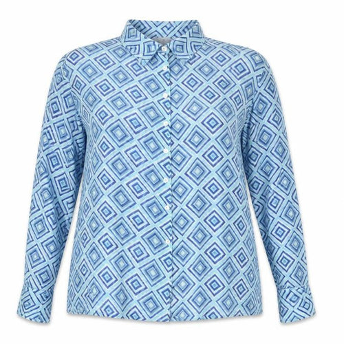 New Look Women Blue Geometric Long Sleeve Button-Up Shirt Size 16