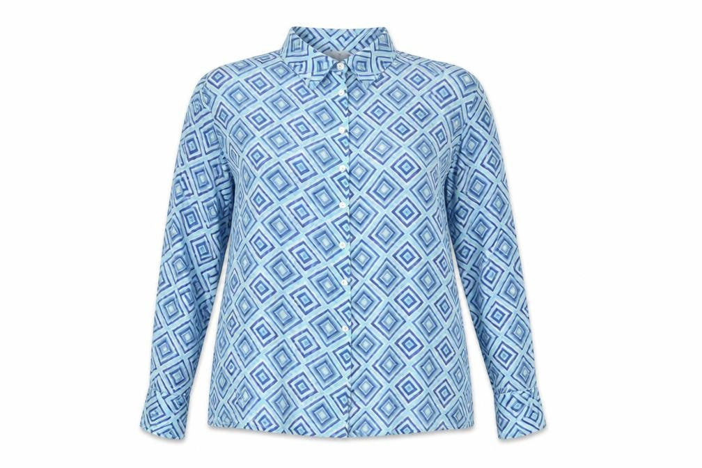 New Look Women Blue Geometric Long Sleeve Button-Up Shirt Size 16