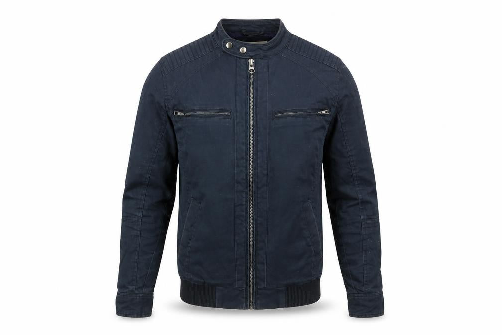 Front view of River Island Men's Blue Biker Jacket, size S, Cotton Twill Full Zip