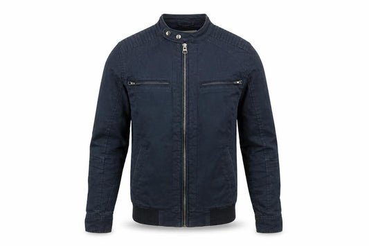 Front view of River Island Men's Blue Biker Jacket, size S, Cotton Twill Full Zip