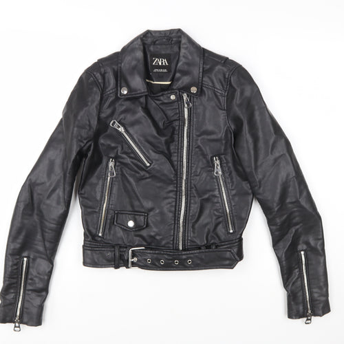 Zara Women Black XS Biker Faux Leather Belted Jacket