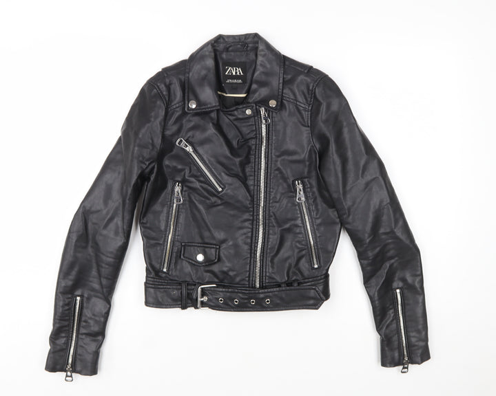 Zara Women Black XS Biker Faux Leather Belted Jacket