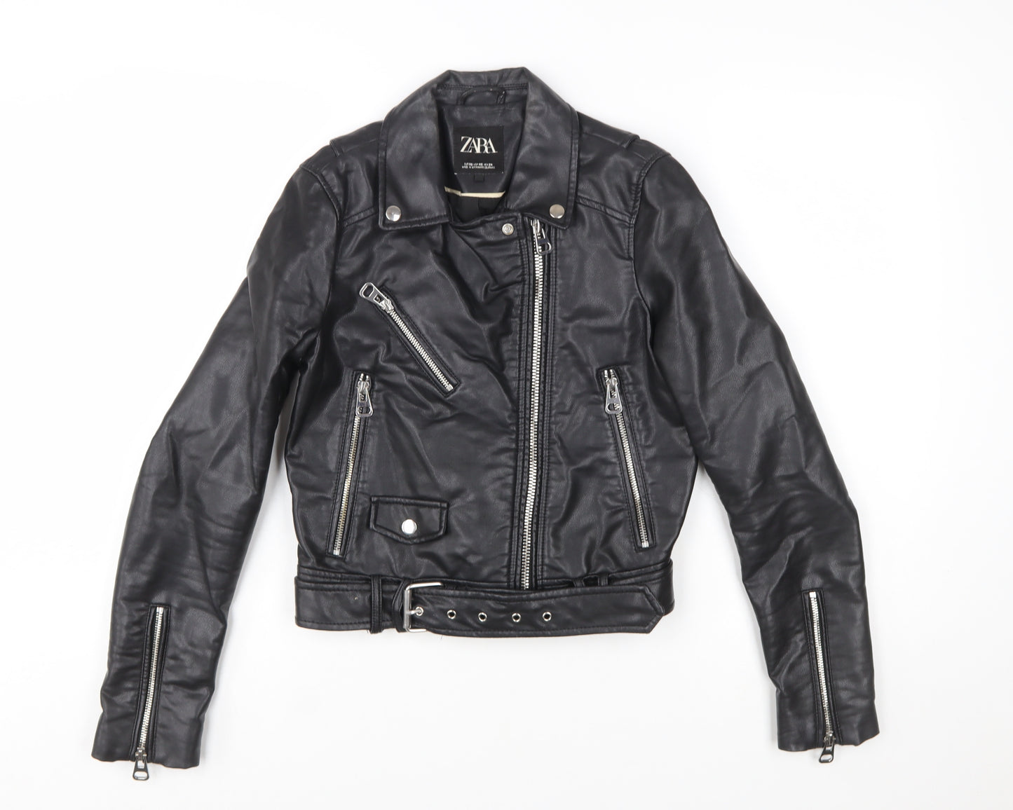 Zara Women Black XS Biker Faux Leather Belted Jacket