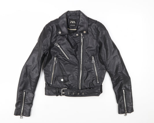 Zara Women Black XS Biker Faux Leather Belted Jacket