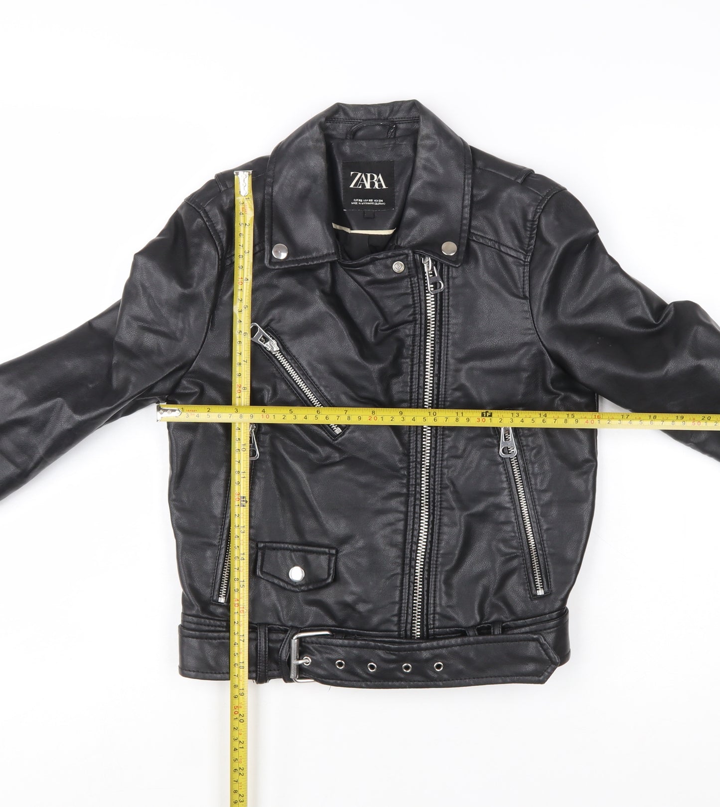 Zara Women Black XS Biker Faux Leather Belted Jacket