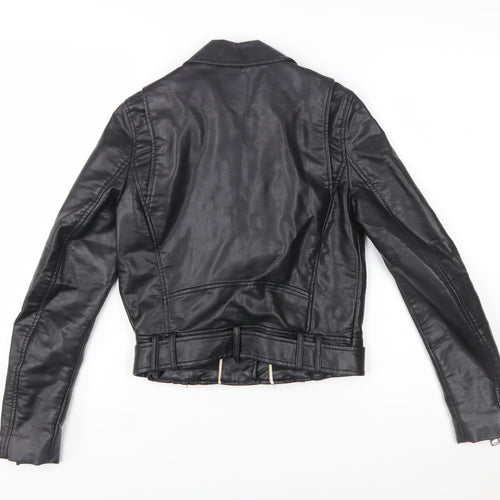 Zara Women Black XS Biker Faux Leather Belted Jacket