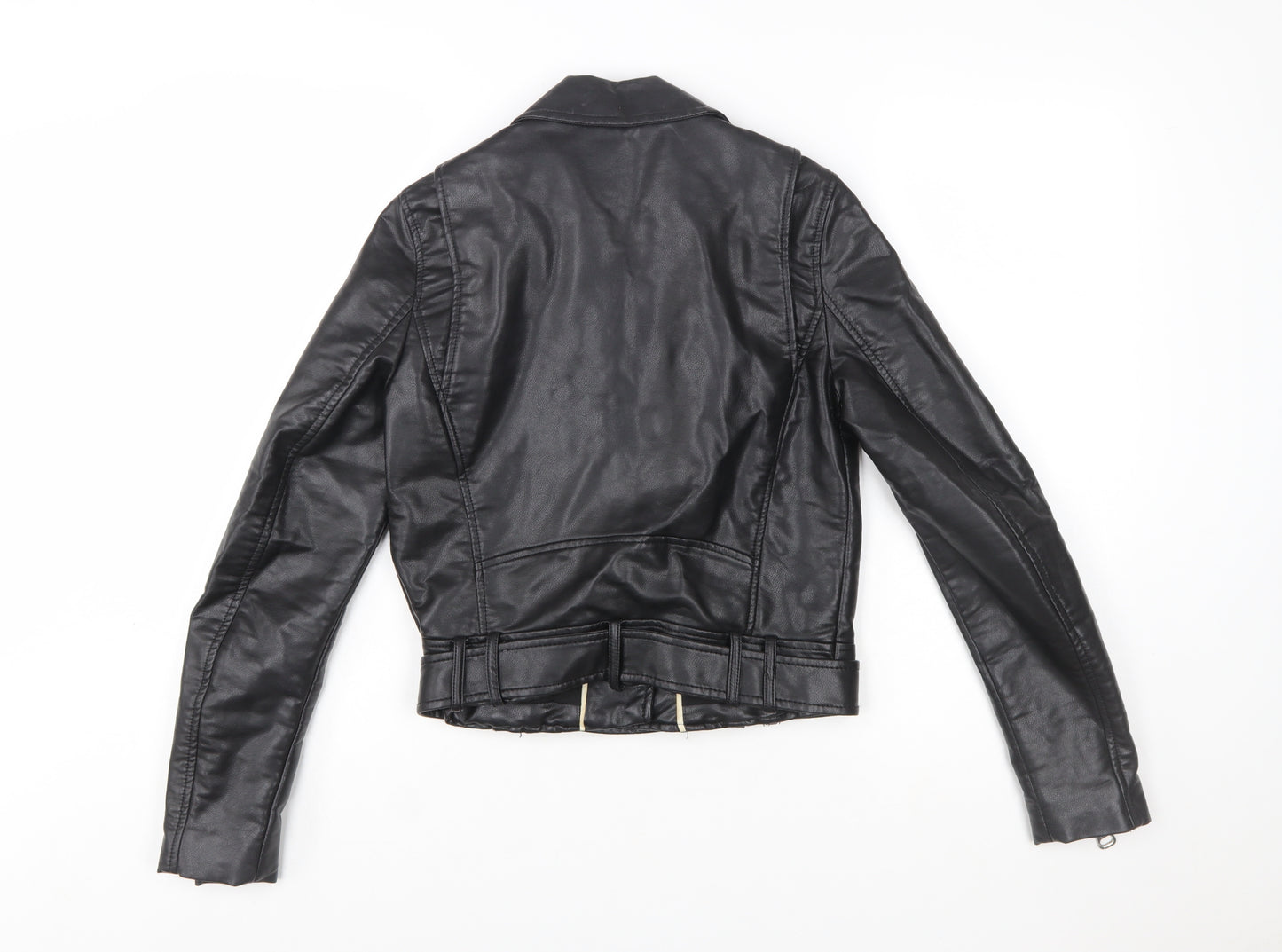 Zara Women Black XS Biker Faux Leather Belted Jacket