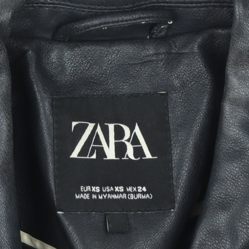 Zara Women Black XS Biker Faux Leather Belted Jacket