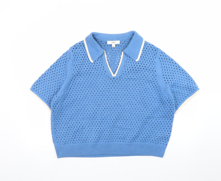 Marks and Spencer Women’s Blue Collared Short Sleeve Knit Jumper Size L
