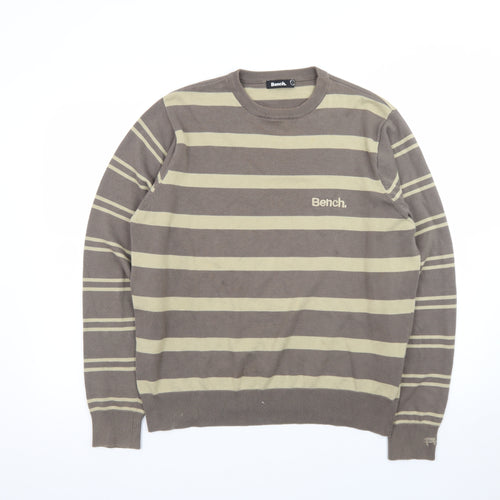 Bench Men Brown Striped Cotton Crew Neck Jumper Size L