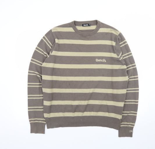 Bench Men Brown Striped Cotton Crew Neck Jumper Size L