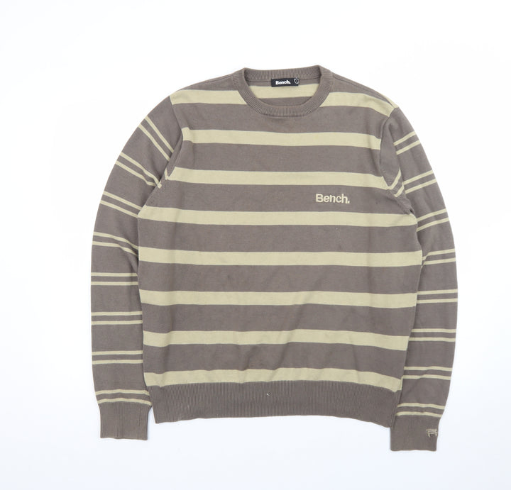 Bench Men Brown Striped Cotton Crew Neck Jumper Size L