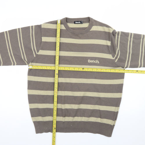 Bench Men Brown Striped Cotton Crew Neck Jumper Size L