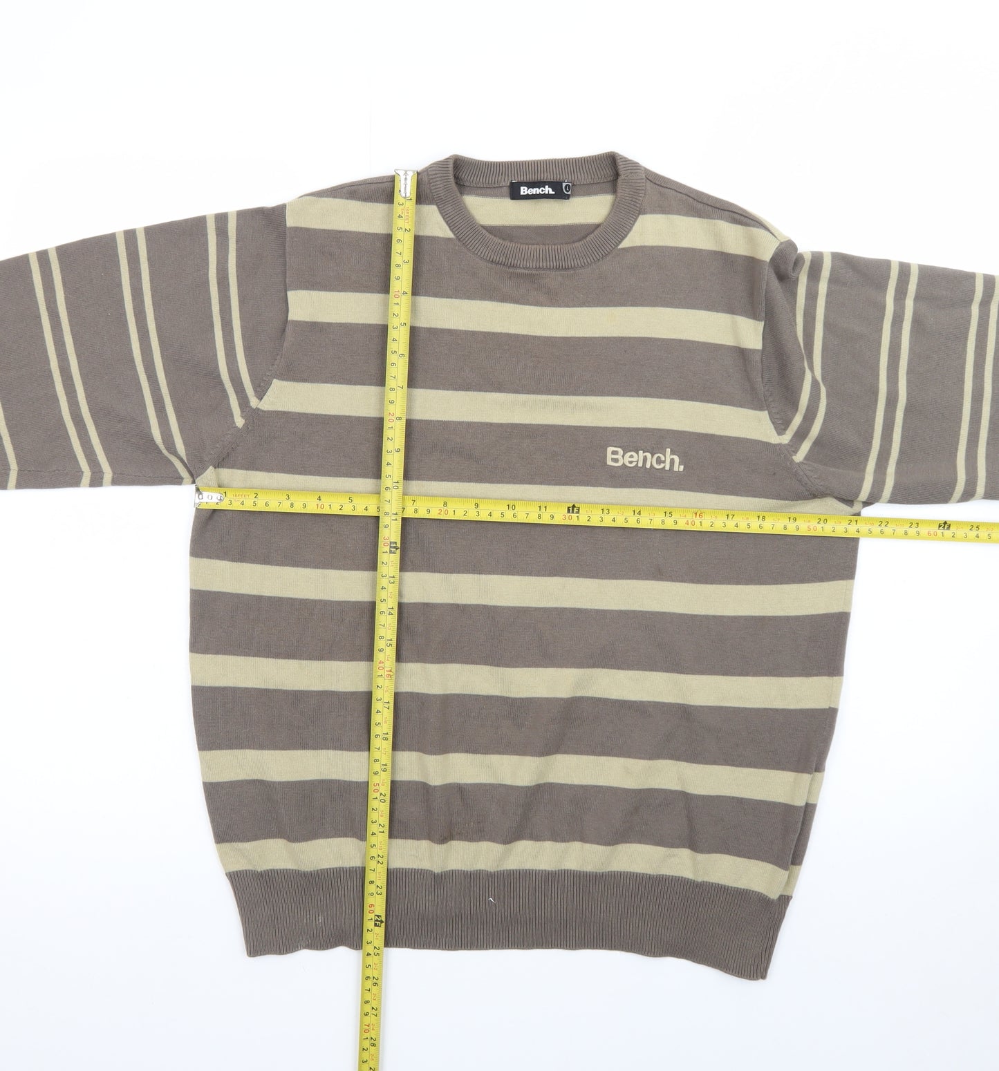 Bench Men Brown Striped Cotton Crew Neck Jumper Size L