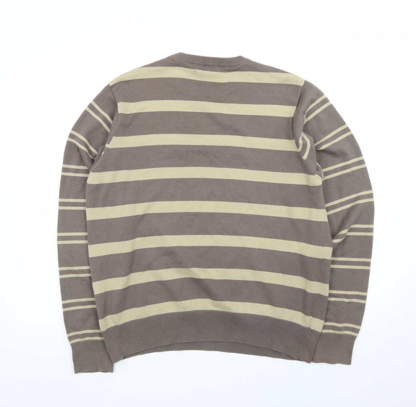 Bench Men Brown Striped Cotton Crew Neck Jumper Size L