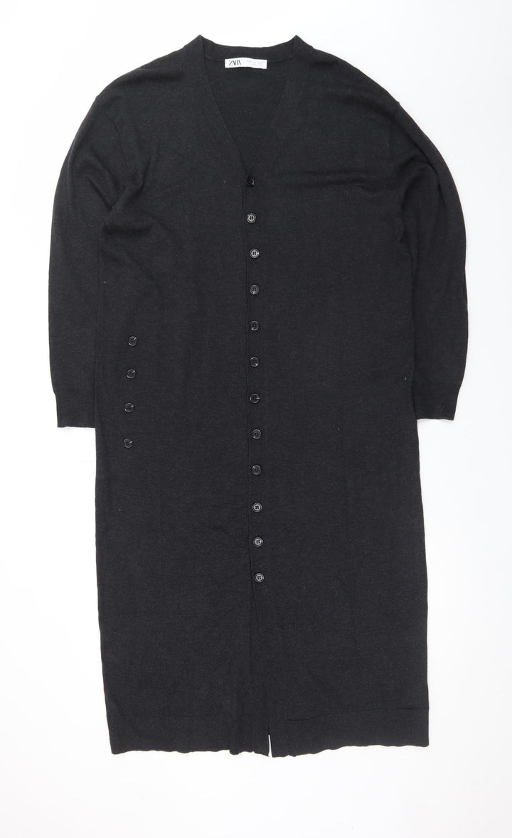 Zara Women Black Knit Midi Shirt Dress Size S Long Sleeve Button Up