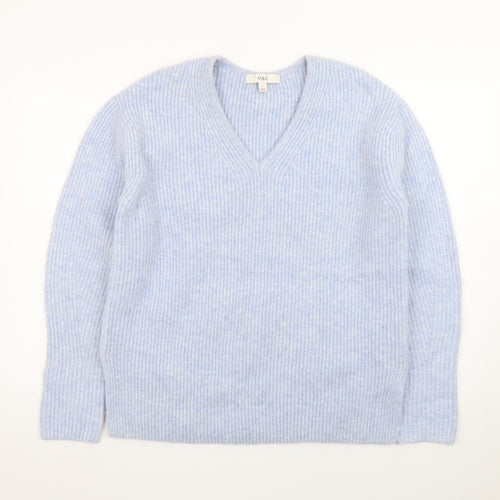 Marks and Spencer Women's Blue V-Neck Ribbed Knit Jumper Size S