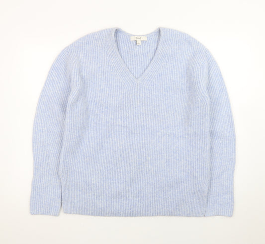 Marks and Spencer Women's Blue V-Neck Ribbed Knit Jumper Size S