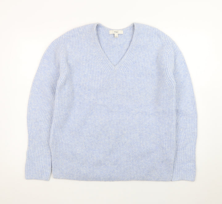 Marks and Spencer Women's Blue V-Neck Ribbed Knit Jumper Size S