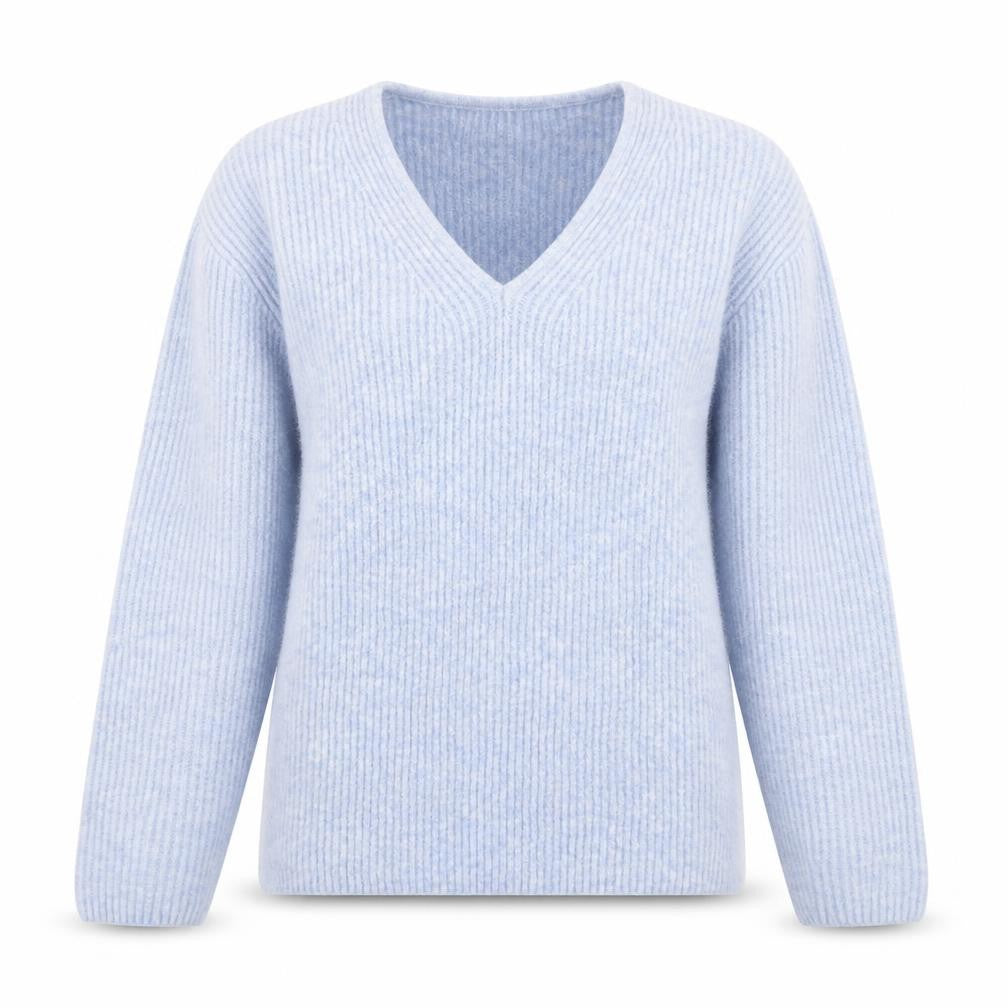Front view of Marks & Spencer Women's Blue V-Neck Ribbed Knit Jumper, size S