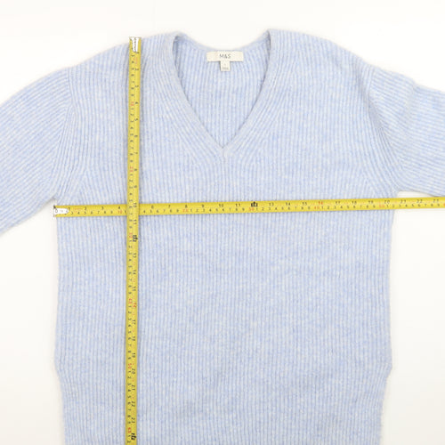 Marks and Spencer Women's Blue V-Neck Ribbed Knit Jumper Size S