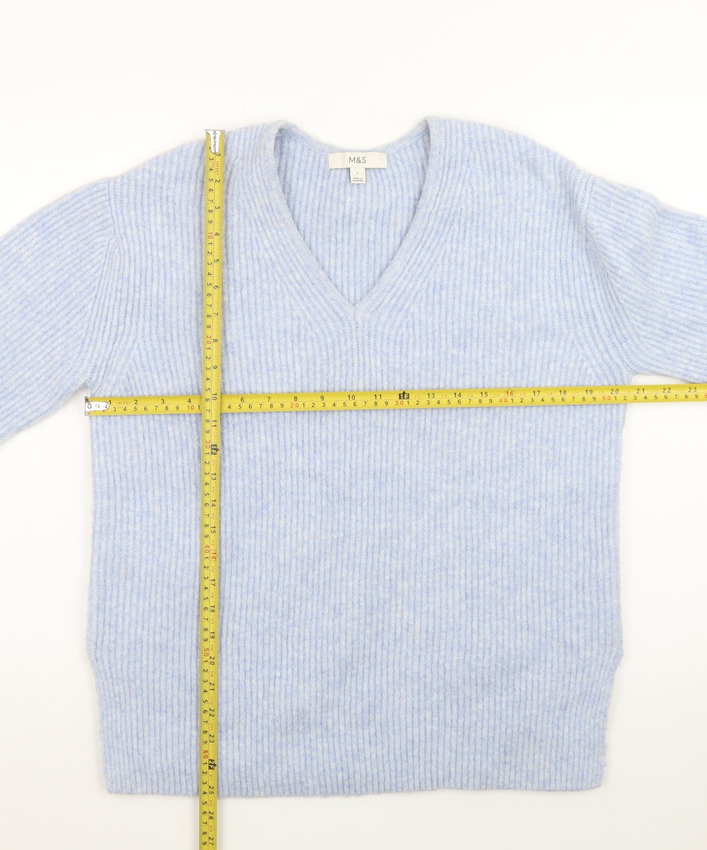 Marks and Spencer Women's Blue V-Neck Ribbed Knit Jumper Size S