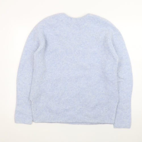 Marks and Spencer Women's Blue V-Neck Ribbed Knit Jumper Size S