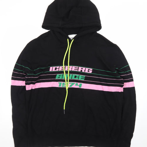 Iceberg Women’s Black Hoodie L Pullover Striped Graphic Logo Cotton Blend