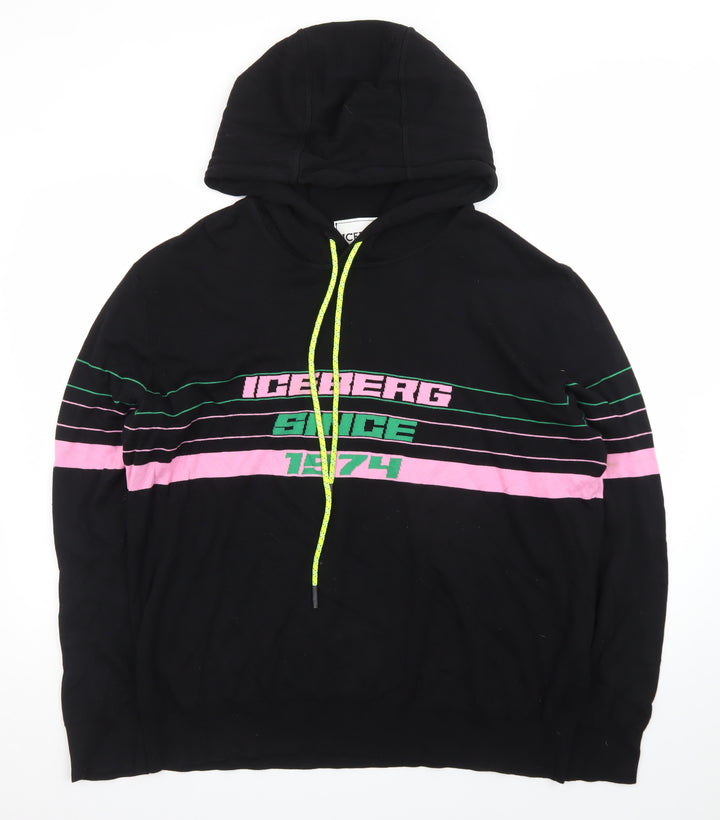 Iceberg Women’s Black Hoodie L Pullover Striped Graphic Logo Cotton Blend