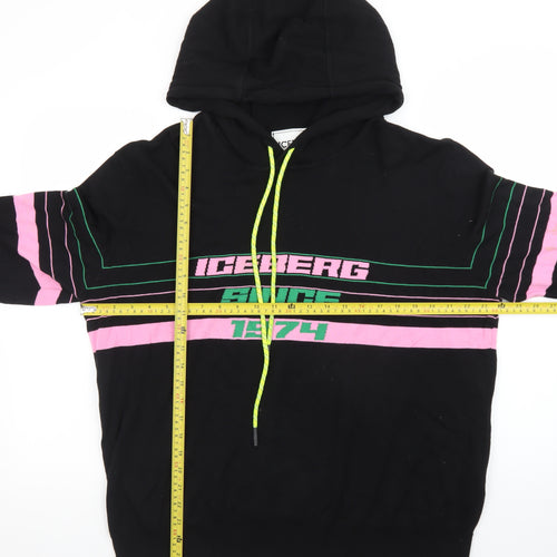 Iceberg Women’s Black Hoodie L Pullover Striped Graphic Logo Cotton Blend