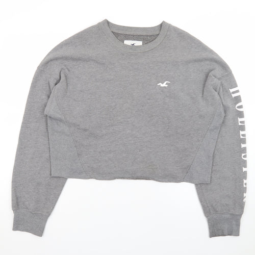 Hollister Women Grey Cropped Pullover Sweatshirt L Logo Crew Neck