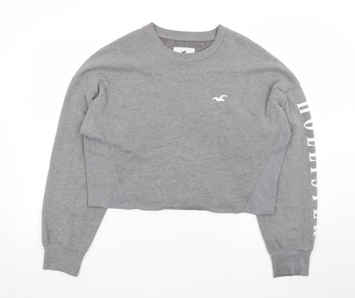 Hollister Women Grey Cropped Pullover Sweatshirt L Logo Crew Neck