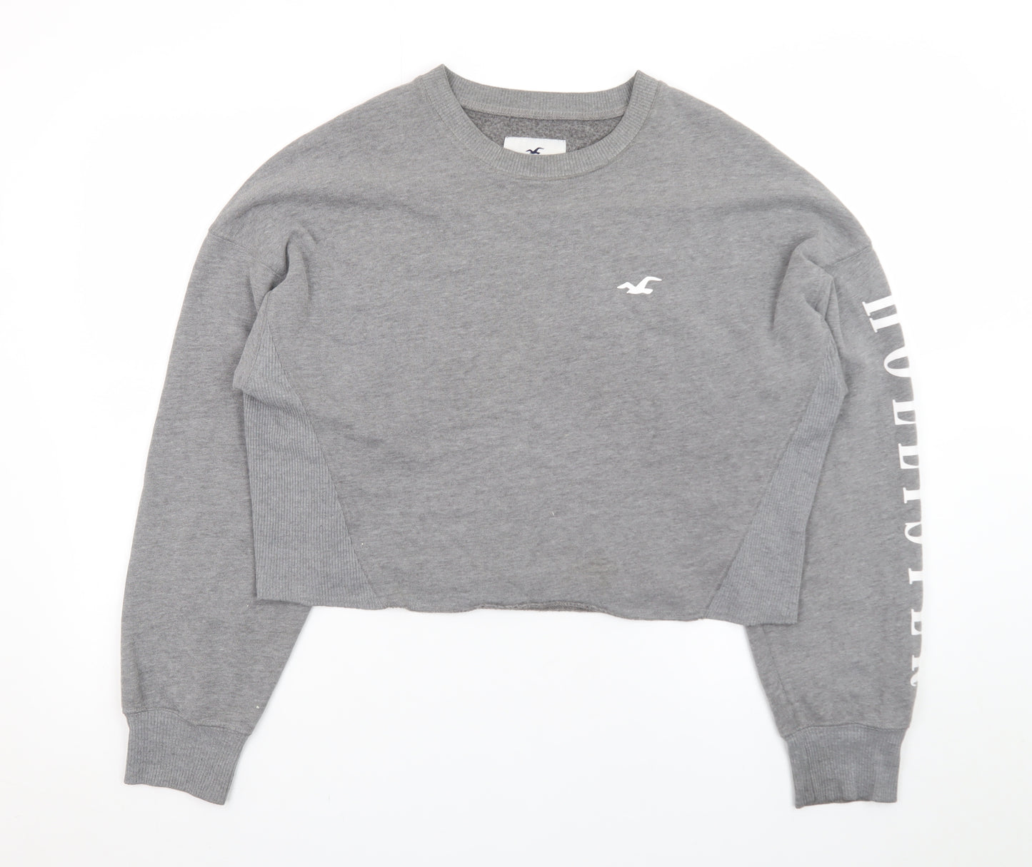 Hollister Women Grey Cropped Pullover Sweatshirt L Logo Crew Neck