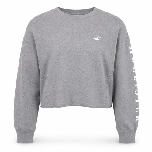 Hollister Women Grey Cropped Pullover Sweatshirt L Logo Crew Neck
