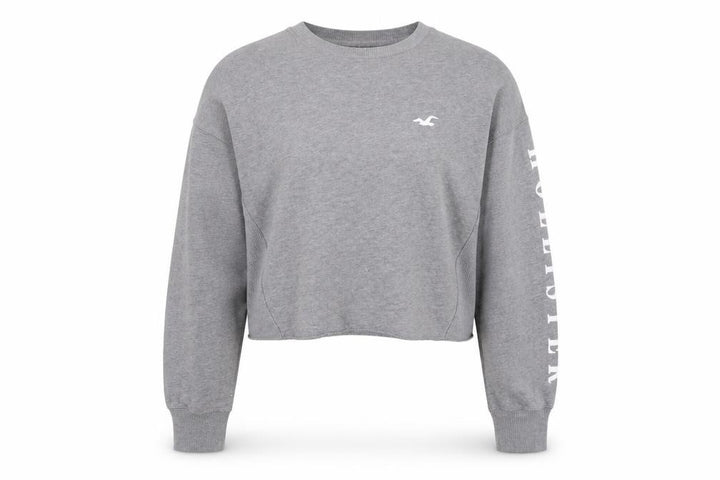 Hollister Women Grey Cropped Pullover Sweatshirt L Logo Crew Neck