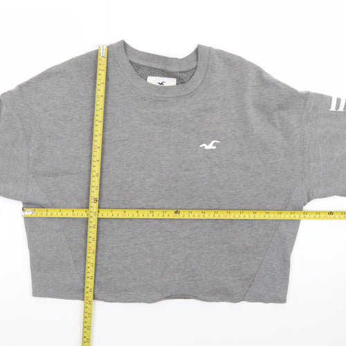 Hollister Women Grey Cropped Pullover Sweatshirt L Logo Crew Neck